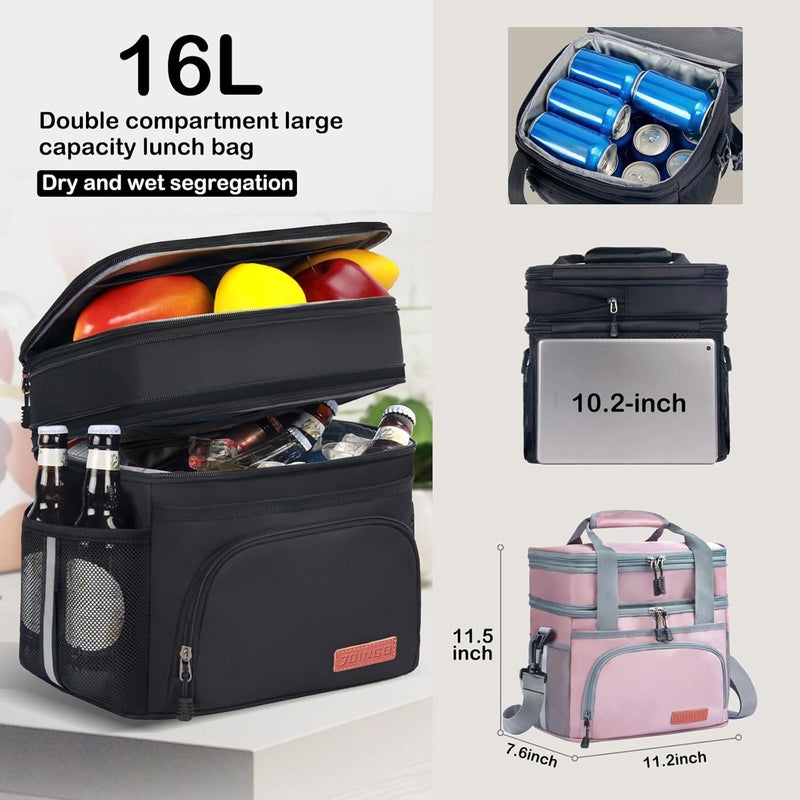 JOINGO Lunch Box For Men/Women,Large Double-layer Insulated Expandable Reusable Leakproof Cooler Bags For Adults,Lunch Bag With Adjustable Shoulder Strap For Office Travel Picnic（Pink） - Image 2